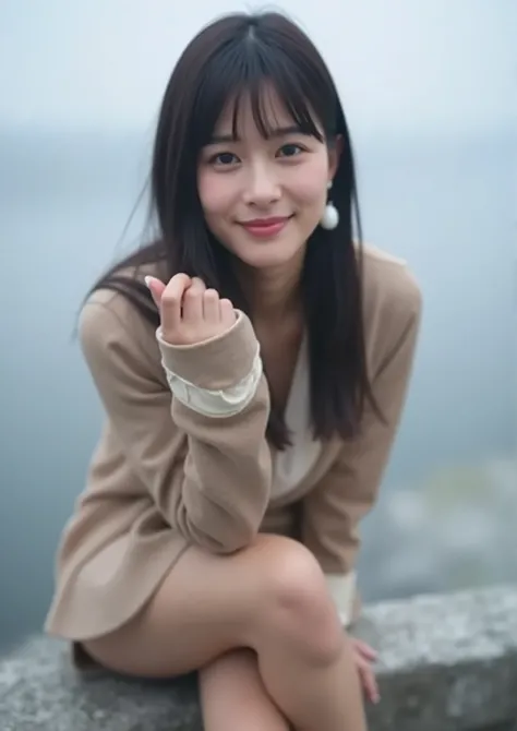 (((1girl,solo))),(very realistic picture, Hi-Res, beautiful face, Full Body,glamorous body) 、Ghost in the Shell Seems Important、Age 32、Powerful pose、gentle smile、from head to thigh on the foggy lakeside、A woman having a party on the roof of a