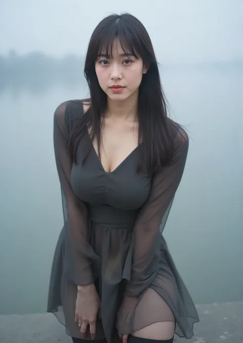 (((1girl,solo))),(very realistic picture, Hi-Res, beautiful face, Full Body,glamorous body) 、Ghost in the Shell Seems Important、Age 32、Powerful pose、gentle smile、from head to thigh on the foggy lakeside、A woman having a party on the roof of a