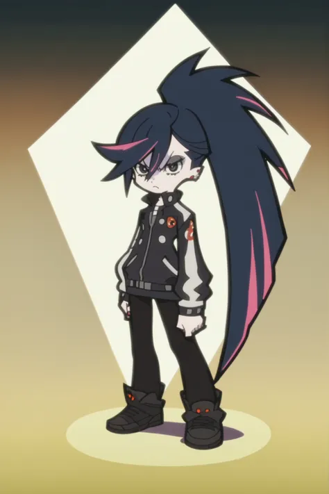 p&s style, screencap, anime, score_10, flat colors, woman, pale skin, black eyes, black hair, frowning, long ponytail hair, goth jacket, black leggings, front view, full body