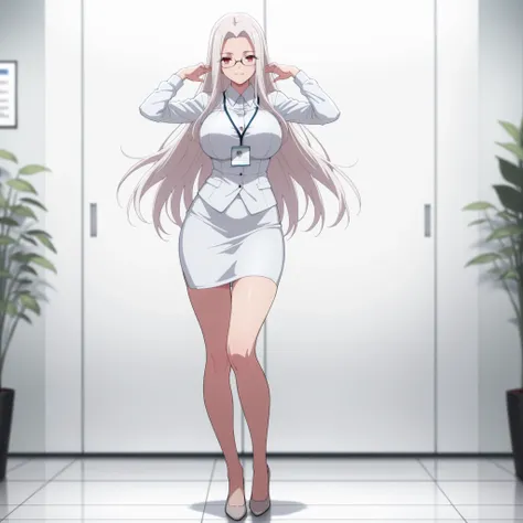 4k,masterpiece, highly detailed,solo, woman, voluptuos body, big breasts, soft smile, red eyes, tight office outfit ,glasses, front shot, full body pose,
