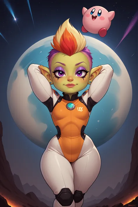 female punk, rainbow colors hair, very short hair, black eye , facial piercings, eye makeup, small breasts, meduim hips, (goblin girl:1.0) (shortstack:1.0) (green skin:1.0) (pointy ears:1.0) (wide hips:1.0)| score_9, score_8_up, score_7_up, 1girl, solo, SI...