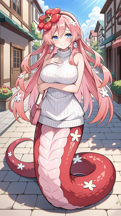 (Fraction_9:0.9),Fraction_8_Up,Fraction_7_Up,grade,(zPDXL3),(   masterpiece),  (best quality ),(All five fingers ),A Girl,alone,Traptrix Rafflesia,PINK HAIR,Liu Hai on the left,long hair,blue eyes,white sleeveless sweater,silver circle earrings,pink handba...