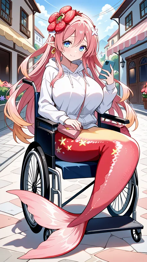 (Fraction_9:0.9),Fraction_8_Up,Fraction_7_Up,grade,(zPDXL3),(   masterpiece),  (best quality ),(All five fingers ),A Girl,alone,Traptrix Rafflesia,PINK HAIR,Liu Hai on the left,long hair,blue eyes,white sweatshirt,white jacket,pink handbag,Holding a phone ...