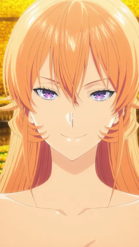 <lora:Erina_Nakiri_-_Food_Wars_-_waiNSFW:1>, anime coloring, source_anime, hires image, masterpiece, best quality,   newest, masterpiece, best quality, 4k, 1girl, long hair, orange hair, purple eyes, hair between eyes, nude, smile