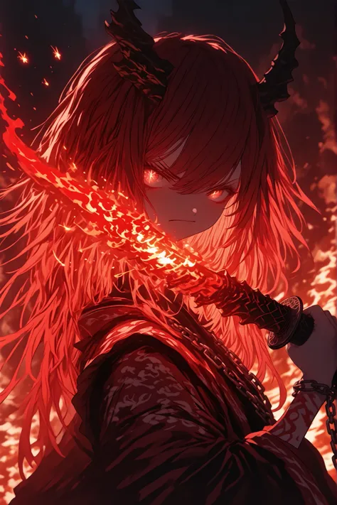 傑作、最高品質、8k,ダイナミックポーズ、(One woman (crimson eyes, very long wavy crimson hair, crimson flame tattoo, crimson shrine maiden outfit, holding a flaming sword, battle pose, chain accessories on both arms), fire effect, sparks, CG illustration