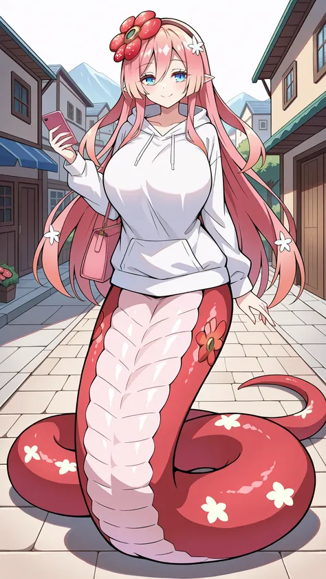 (Fraction_9:0.9),Fraction_8_Up,Fraction_7_Up,grade,(zPDXL3),(   masterpiece),  (best quality ),(All five fingers ),A Girl,alone,Traptrix Rafflesia,PINK HAIR,Liu Hai on the left,long hair,blue eyes,white sweatshirt,pink handbag,Holding a phone in one hand,h...