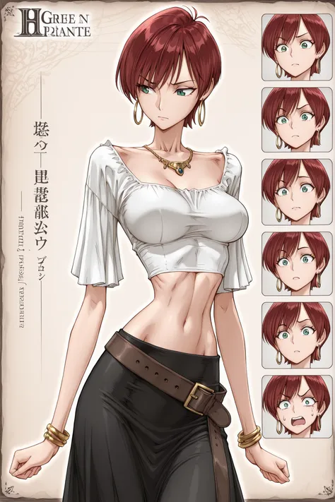 masterpiece, Best Quality,great quality, highest score ,  doujin style illustration, short hair, 1 girl, dark red hair, bigger breasts,  green eyes, midriff, Chest,、 medium breasts, black skirt, white pirate blouse, wide belt, slender body, skinny, gold ne...