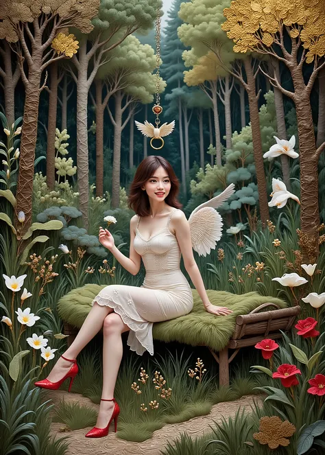 (Jean=Contemporary Abstract Oil Painting Design by François Millet ,masterpiece, high quality, high image quality, and high precision, Photorealistic),fairy tale scene、Deep in the Forest、cute woman、(On the Midori Grass、1 angel sitting on a mossy wooden bed...