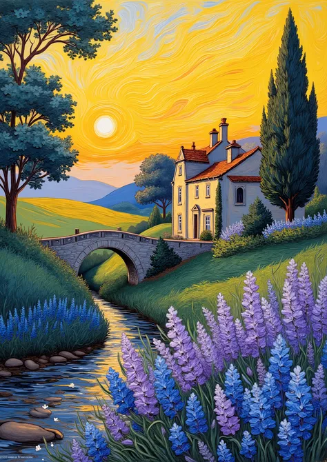 modern abstract oil painting design by Vincent van Gogh ,  depicting a sea of blue wildflowers, Kochia、 lilac, In the center, as the sun sets over an old farmhouse、A beautiful stream flows into an elegant Spanish stone building、Snake line 。there is a bridg...