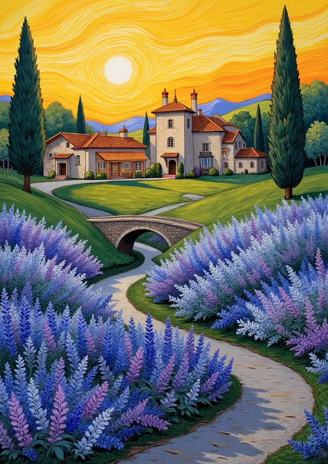 modern abstract oil painting design by Vincent van Gogh ,  depicting a sea of blue wildflowers, Kochia、 lilac, In the center, as the sun sets over an old farmhouse、A beautiful stream flows into an elegant Spanish stone building、Snake line 。there is a bridg...
