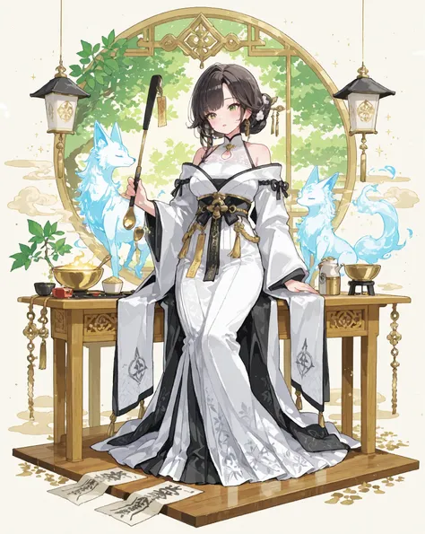 Goddess of Victory: NIKKE — Marciana, faithfully recreated per official reference materials, exact costume, hairstyle, accessories, and proportions; the “sealed kitchen goddess” theme. A divinely beautiful woman in a sanctified kitchen-shrine, medium-full ...