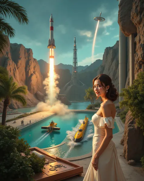 Epic photoreal live-action recreation of Tracy Island secret base during simultaneous launch of Thunderbirds 1 through 5. Thunderbird 1: vertical rocket rising from retractable swimming pool silo, silver fuselage gleaming, vapor trails and ignition flames....
