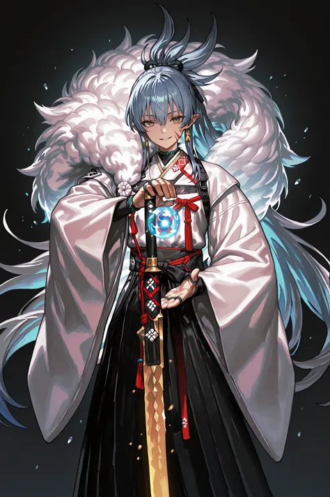 A short, solitary male character — a young teenage boy, about 1.5 meters tall. He stands alone against a deep black background, making him vividly stand out. His physique and height are exactly like Kawakami Gensai from Fate/Grand Order.
He has long ice-b...