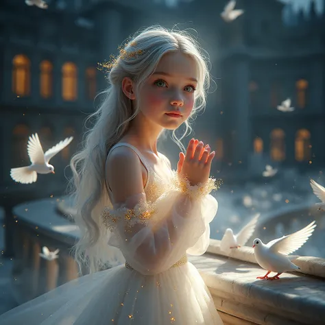 Importante la cara no este distorsionada guapa y juvenil. Beautiful and realistic young princess girl of dreams, around 11 years old, youthful and angelic, with soft delicate facial features, round cheeks, and bright innocent eyes. She stands behind a smoo...