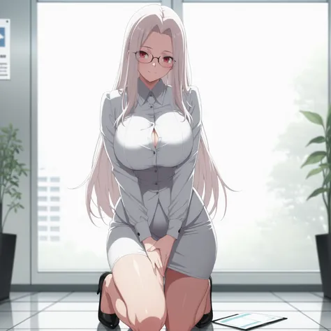 4k,masterpiece, highly detailed,solo, woman, voluptuos body, big breasts, soft smile, red eyes, tight office outfit ,glasses, front shot, sexy full body pose,