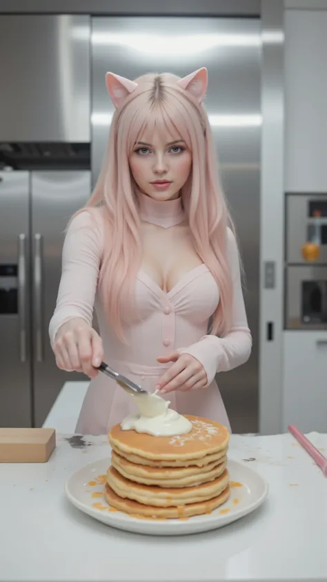 highdefinition picture、God of Sealed Kitchen、Woman with cat ears in the kitchen、is spreading whipped cream on pancakes
