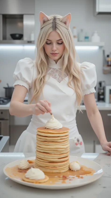 highdefinition picture、God of Sealed Kitchen、Woman with cat ears in the kitchen、is spreading whipped cream on pancakes