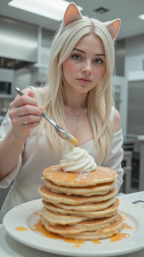 highdefinition picture、God of Sealed Kitchen、Woman with cat ears in the kitchen、is spreading whipped cream on pancakes