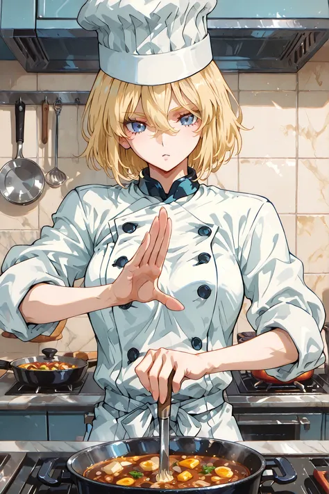 ((perfect hands with five fingers for hand)),,Kitchen God of cooking, 748cmstyle,perfect anatomy, masterpiece, Illustration, ultra details, fine trait, best quality, ultra detailed, 1girl (chef-girl), chef-clothes, cooking-hat, dynamic cooking delicious f...