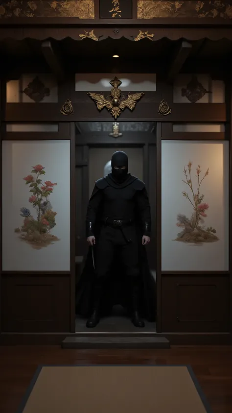 highdefinition picture、Inside a samurai house、A dark ninja appears from inside the hidden door、saloon