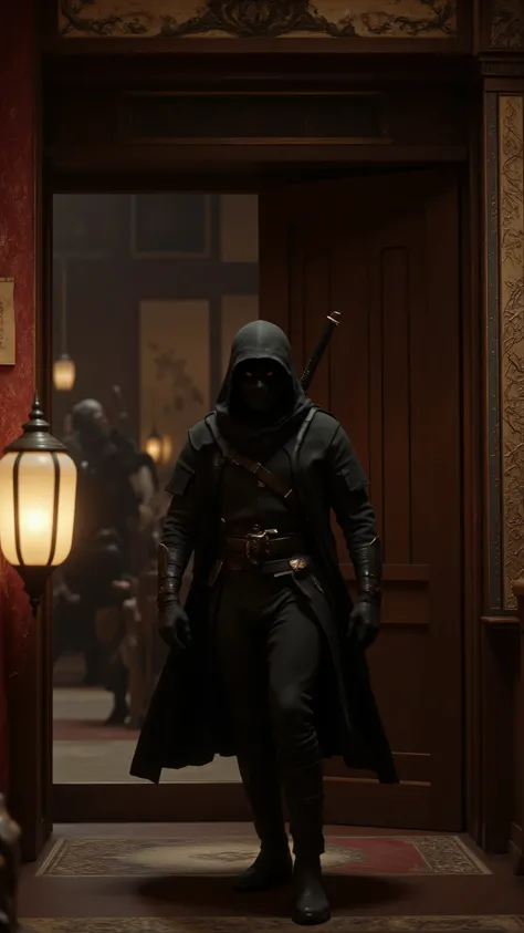 highdefinition picture、Inside a samurai house、A dark ninja appears from inside the hidden door、お城の城主の後ろから