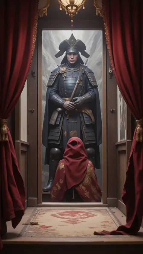 highdefinition picture、Inside the samurai's house、red Ikunoichi appears from inside a hidden door、from the wall behind the castle lord
