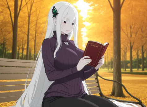 anime screencap, anime coloring, detailed face, masterpiece, best quality, very aesthetic, absurdres, volumetric lighting,  echidna, 1girl, adult female, milf, motherly, medium head, pale skin, absurdly long hair, white hair, butterfly hair ornament, open ...