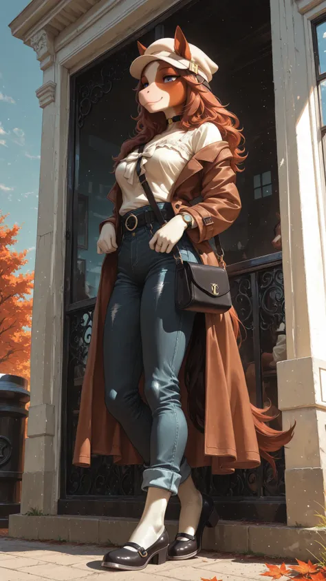 A woman strolls elegantly along Tokyo's Omotesando, lined with luxury brand boutiques, enjoying window shopping. Outdoors. Daytime. Blue sky. Autumn.
1girl , solo , (horse furry:1.5) , cute , women's cap, choker, multiway coat, bow-tie blouse, denim slim p...