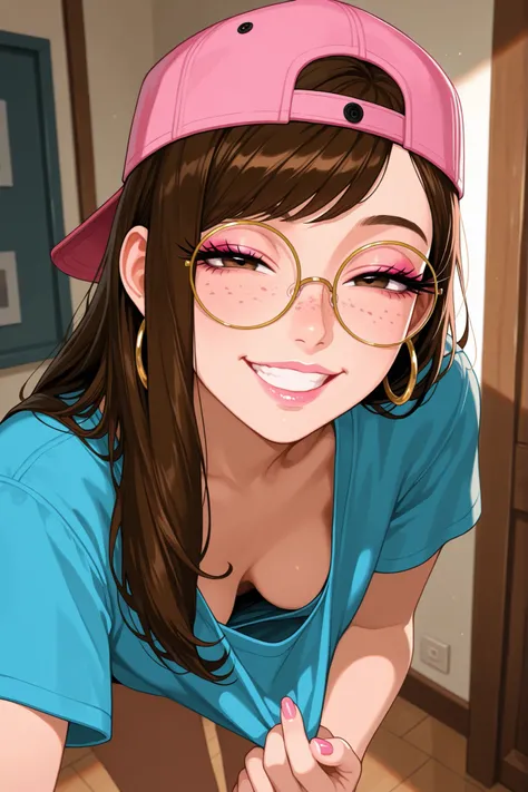 1girl, pink hat, backwards hat, blue crop top, grin, dark brown hair, long hair, half closed eyes, indoors, looking at viewer, breasts, side swept bangs, short sleeves, happy, lips, pink lips, pink eyeliner, pink nails, hoop earrings, standing, long eyelas...