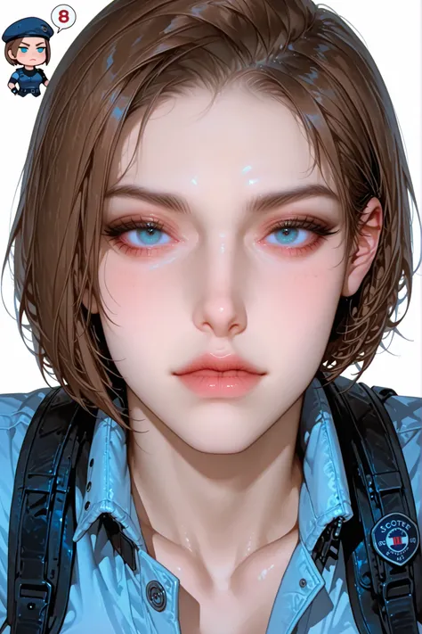  jillvalentineSDXL,score_9, score_8_up, score_8, Emote , high quality, high res , highly detailed face, white background, chibi (jill valentine)  ,  upper body close up,