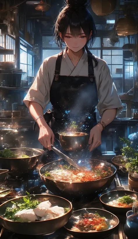 top quality, Culinary Alchemist, She stands in the kitchen of an old Japanese house.、an ordinary middle-aged woman.。She's wearing an ordinary apron, but、When her hand touches the pot, the ingredients begin to glow.。When she holds the knife, the blade glows...