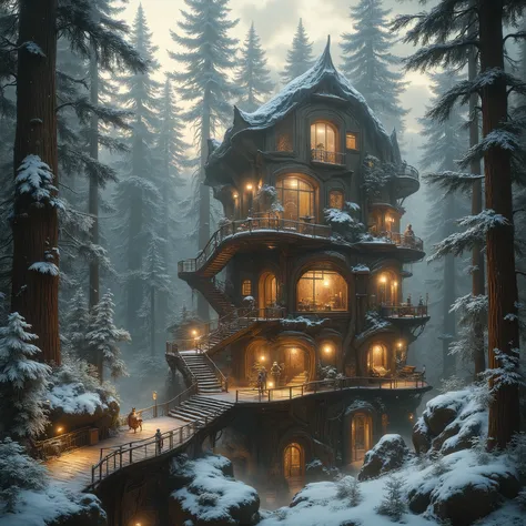 fairy tales,midjourney ,A military base that blends perfectly into the snowy forest、A wooden spiral staircase leads down、Surrounding trees々A deck that seamlessly connects to the ground、A bird and small animal feeder、A fantastic atmosphere illuminated by th...