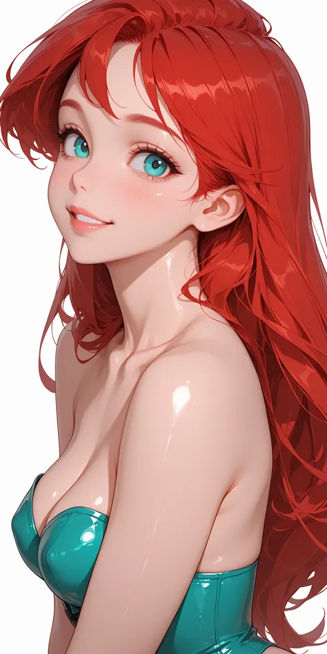 1 Girl, Ariel, cyan eyes, red Hair, (((shiny skin))), White background, sexy pose, back view, Sweet smile, juicy breasts, cyan strapless microcorset, little breasts, covered breasts, sexy collarbones, sensual collarbones, collarbones fetish, only face, hip...