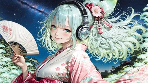 Girl, mmorpg, dynamic pose, aesthetic, semi realistic, tied hair, smile, blush, foreshortening hand fan, pastel green color, kimono, satin fabric, cute, whimsical, night, glow, shine, glowing hair, ((Beautiful woman in kimono:1.5)), ((headphones)), ((backg...