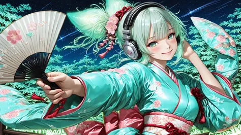 Girl, mmorpg, dynamic pose, aesthetic, semi realistic, tied hair, smile, blush, foreshortening hand fan, pastel green color, kimono, satin fabric, cute, whimsical, night, glow, shine, glowing hair, ((Beautiful woman in kimono:1.5)), ((headphones)), ((backg...