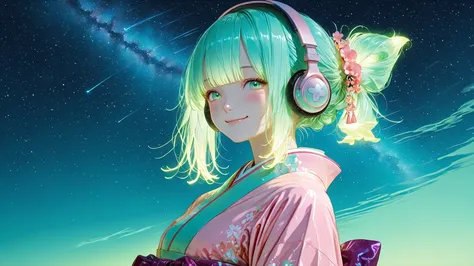 Girl, aesthetic, semi realistic, tied hair, smile, blush, pastel green color, kimono, satin fabric, cute, whimsical, night, glow, shine, glowing hair, ((Beautiful woman in kimono:1.5)), ((headphones)), ((background: night, starry sky)), ((ukiyo-e style)), ...