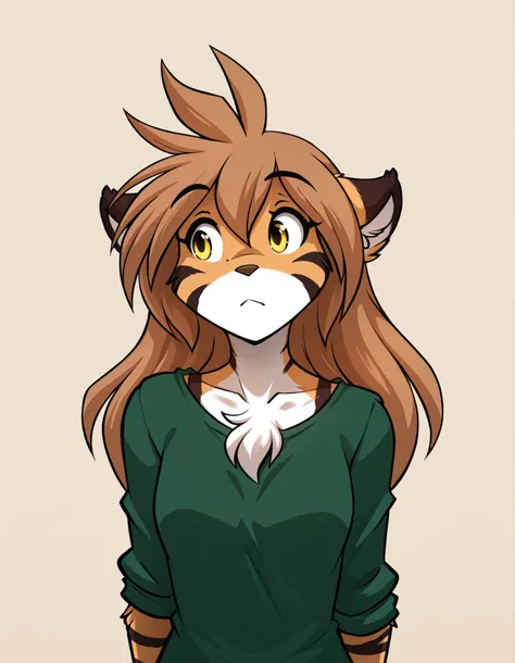 taga,, furry, solo, flora-twokinds, flora_twokinds,, tiger, striped fur, keidran, yellow eyes, anthro, simple background,,, green shirt