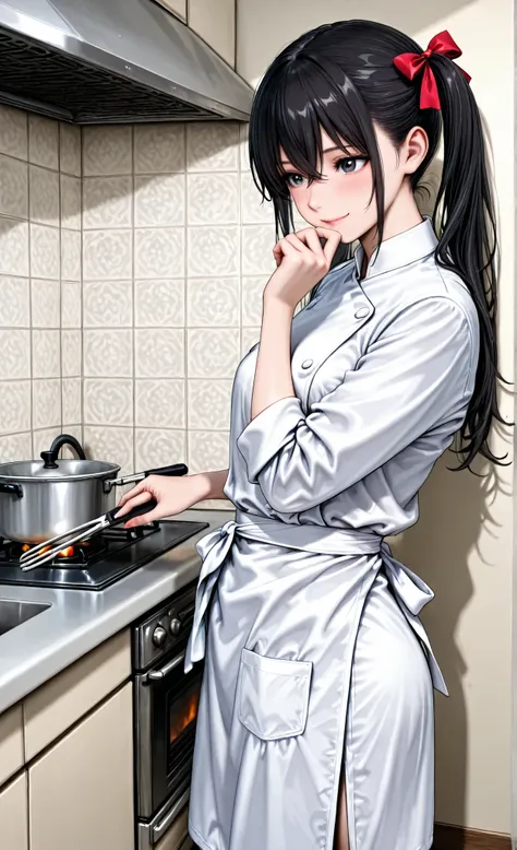 a girl,  

(background: (kitchen, galley), (cookware hanging on the wall), (Stove), (sink), (Glamorous Atmosphere), (Complex Background), Dynamic), 
((standing), (火の付いたのStoveに置いたフライパンに赤ワインを降ってフランベしている, Tongs held in the left hand), 

(black hair styled int...