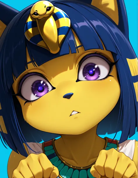 taga,, depth of field, 1girl, furry, ankha \(animal crossing\), expressionless, eye reflection, yellow background, yellow theme, blue background, desert,, purple eyes, glowing eyes, wide-eyed, paw pose, looking at viewer, close-up, parted lips,