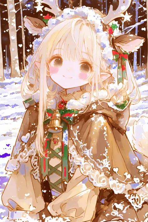 thin lines, thin colors, watercolor, colorful, fantasy, (looking viewer :1.5), christmas theme,
1 girl, solo, blonde hair, long hair, black eyes, blush stickers, smile, fantasy reindeer girl, christmas elf reindeer hybrid, brown and cream colored dress,...