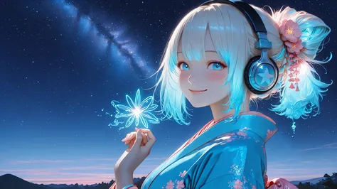 Girl, aesthetic, semi realistic, tied hair, smile, blush, pastel blue color, kimono, satin fabric, cute, whimsical, night, glow, shine, glowing hair, ((Beautiful woman in kimono:1.5)), ((headphones)), ((background: night, starry sky)), ((ukiyo-e style)), (...