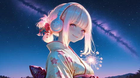Girl, aesthetic, semi realistic, tied hair, smile, blush, pastel color, kimono, satin fabric, cute, whimsical, night, glow, shine, glowing hair, ((Beautiful woman in kimono:1.5)), ((headphones)), ((background: night, starry sky)), ((ukiyo-e style)), ((smil...