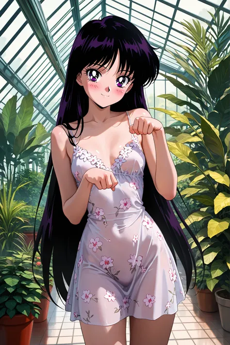 masterpiece, amazing quality, best quality, ultra-detailed, 8K, illustration, clear skin, ultra-detailed-eyes, soft skin, very awa, very as2, soft body, 1990s \(style\), official art, hino rei, black hair, long hair, purple eyes, parted bangs, small breast...