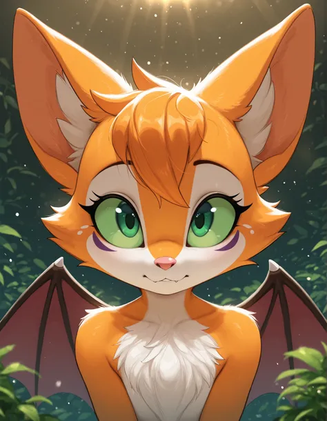 taga,, masterpiece, best quality, very aesthetic, (1girl:0.7),, (solo:1.3), furry, fidget \(elysian tail\), nimbat, fidget_daet, anthro, furry female, wings, tail, green eyes, colored sclera, bat wings, facial markings, orange fur, white fur, two-tone fur,...