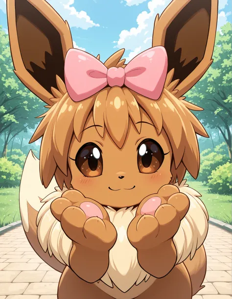 taga,, pokekid, eevee, fluffy girl, furry girl, female, smile, smiling, has a big pretty bow in her hair, has animal paws for hands, 1girl, best quality, outdoors, high definition, cute,