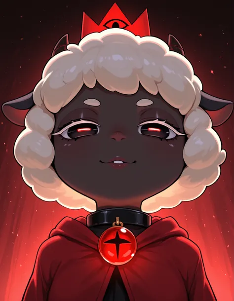 taga,, masterpiece, best quality, very aesthetic, 1girl, solo, cult of the lamb, sheep girl, collar, horizontal pupils, red/black eyes, red crown,