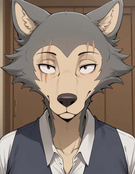 taga,, (masterpiece, best quality, high quality, good quality), solo,, legoshi \(beastars)\, wolf, grey fur, facial scar