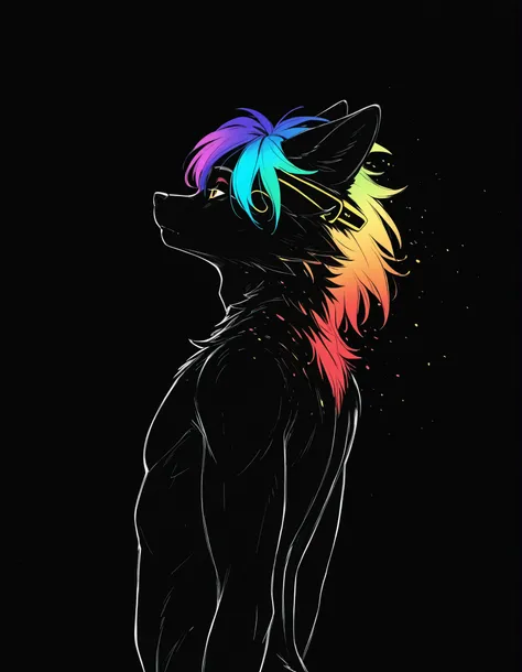 taga,, furry girl, anthro, facing sideways, elegant pose, silhouette body, (glossy black fur), (neon outlines), (flat lighting), exploding fractals, liquid neon paint, splash effect, rainbow iridescent hair, gradient glow, (triadic colors), (spot color:1.2...