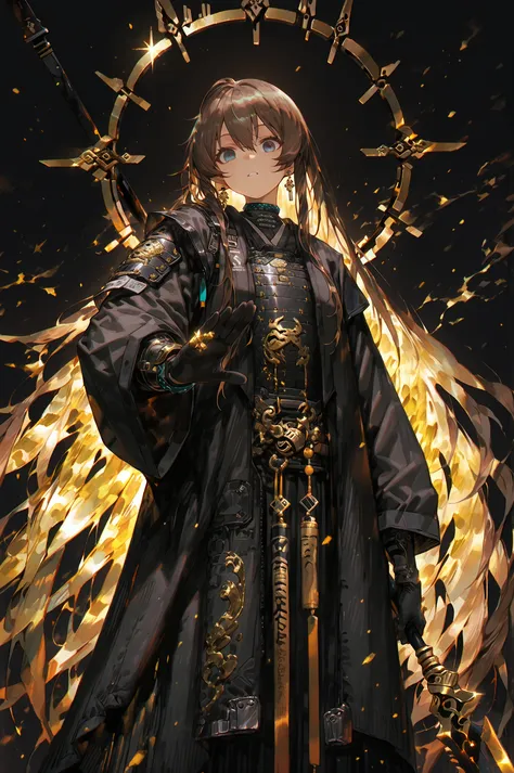 A short, solitary male character — a young teenage boy, about 1.5 meters tall. He stands alone against a deep black background, making him vividly stand out.

He has no hair; the character is bald. His face resembles Amiya from Arknights, but he is a male ...