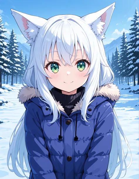 taga,, anime, solo, BREAK, young fox girl, skinny and frail, (petite,cute:0.5), green eyes, looking at viewer, long hair, white hair, smile, winter clothes, outdoors, winte